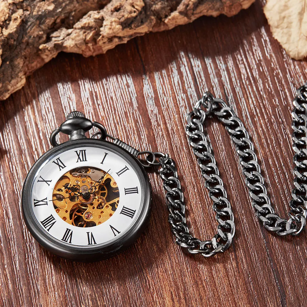 Hand Winding Matte Case Pocket Watches Antique Luxury Brand Fashion Unique Transparent Mechanical Pocket Watch Fob Chain Male