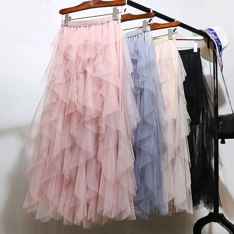 

Korean Sweet Patchwork Ruffled Irregular Maxi Long Mesh Skirts Chic Fairy High Low A-line Pleated Flounced Ankle Long Skirts