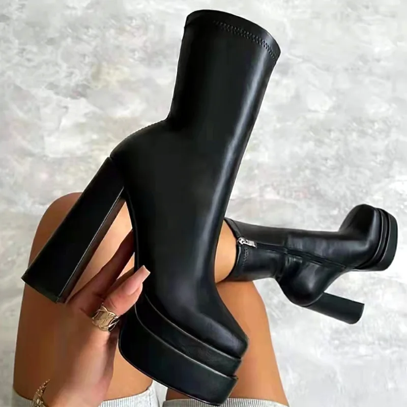 

2022 Sexy Chunky High Heels Ankle Shoes For Women Punk Style Zipper Thick Platform Elasticity Leather Boots Sapatos Femininos