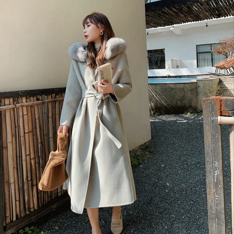 Winter Jacket For Women Real Fur Coat Fashion Luxury Cashmere Wool Blends Natural Fox Fur Trim Hood Outerwear Streetwear Belt