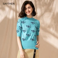 saythen spring summer new female korean version sweet style round neck contrast color butterfly short sleeve knitted sweater