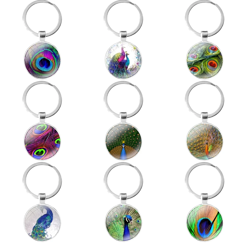 

glass cabochon keychain Bag Car key chain Ring Holder Charms keychains Gifts Cartoon Lover Fashion Creative male peacock feather