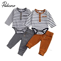 2pcs baby girl boy casual suit round neck long sleeve stripe romper solid color button decoration loose trousers spring autumn