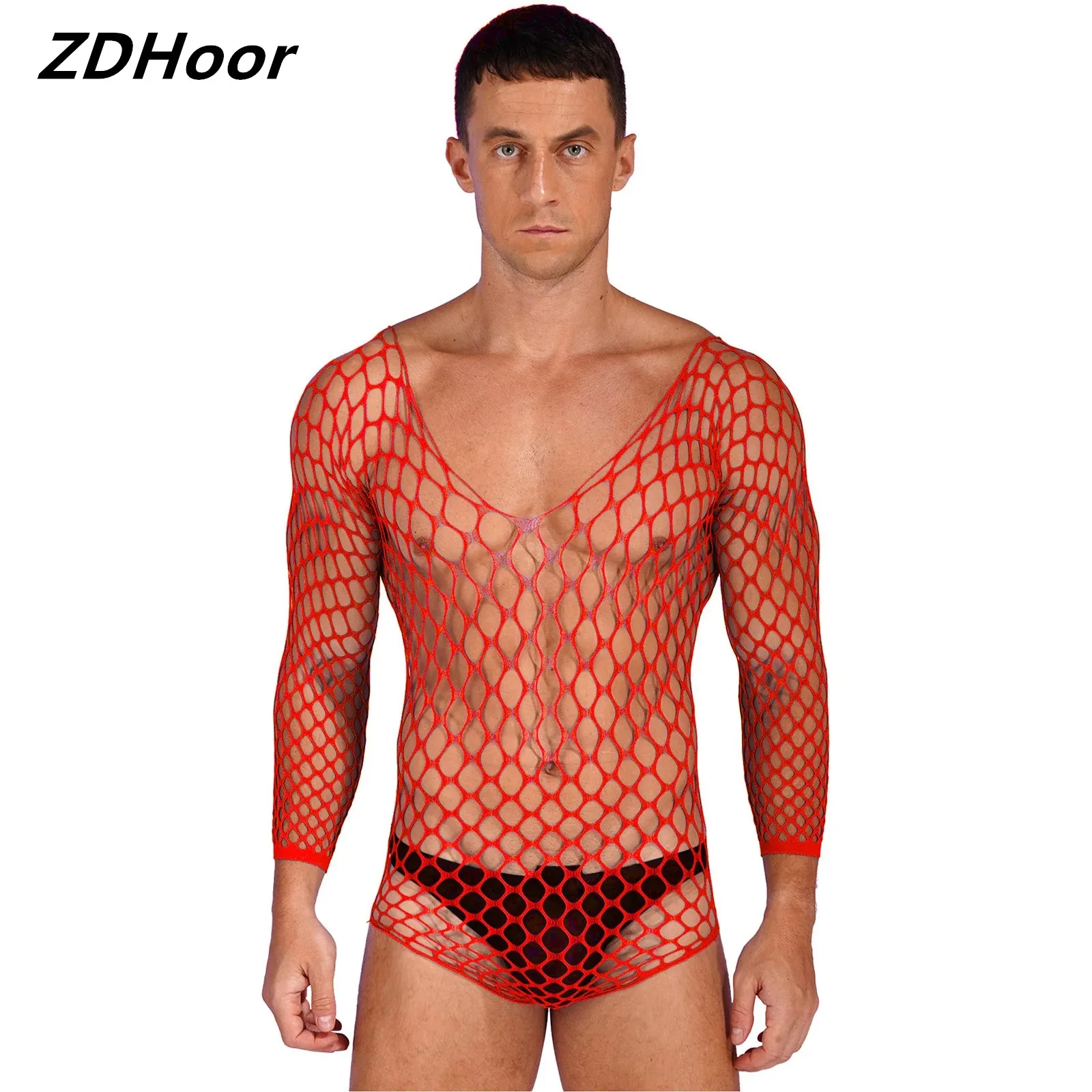

Mens Hollow Out Fishnet Bodysuit Nightwear Sleepwear See-Through Scoop Neck High Cut Leotard