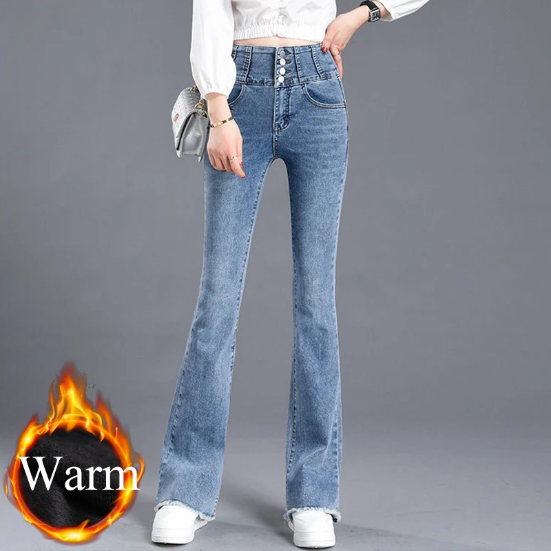 

Add Velvet Thicken Bootcut Jeans Women Light Blue Vintage Design Button High Waist Denim Trouser Casual Oversized 32 Cowboy Pant