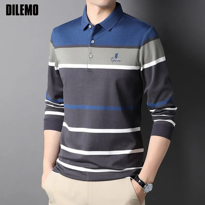 

Top Grade Cotton New Fashion Designer Stripped Logo Brand Luxury Mens Polo Shirt With Long Sleave Casual Tops Men Clothing