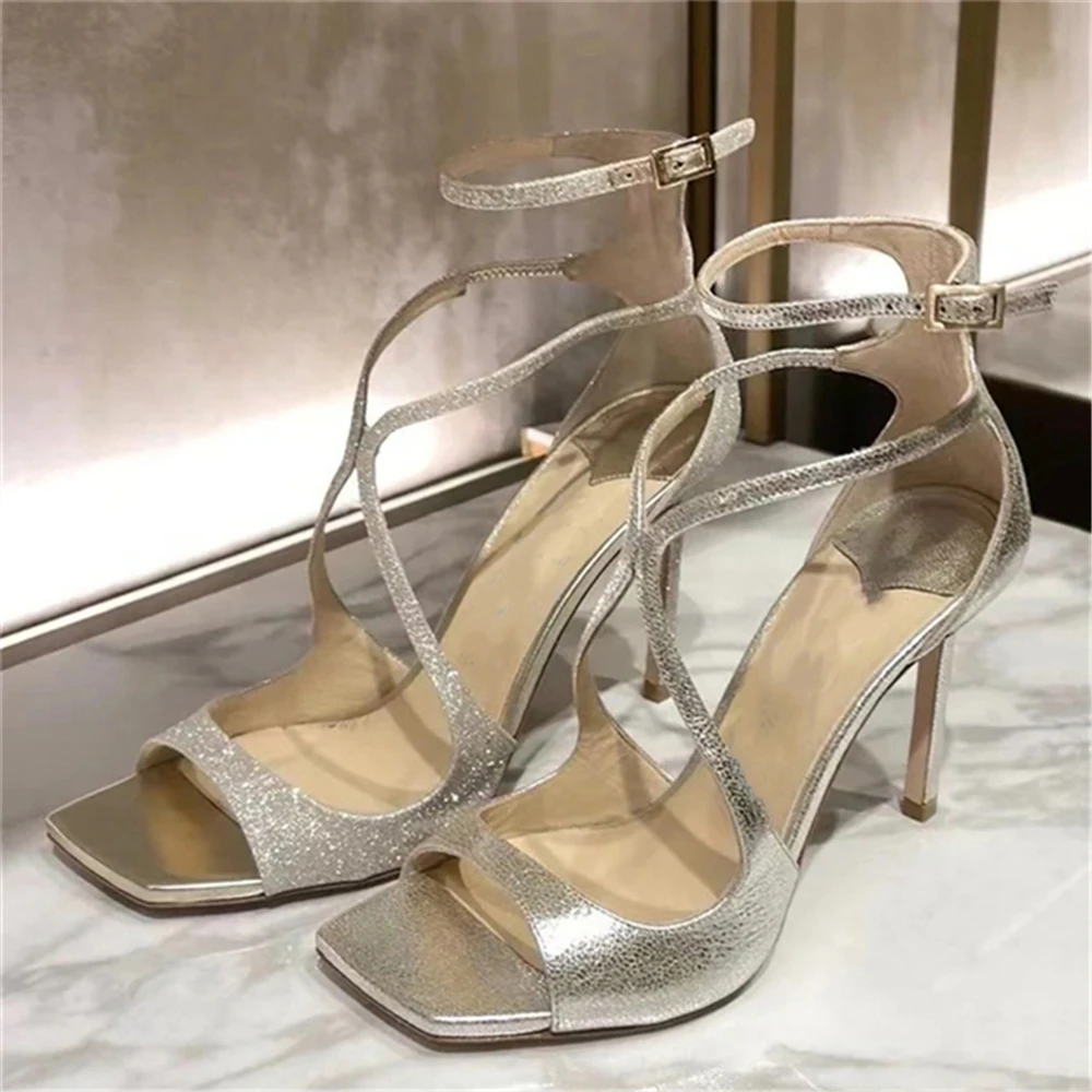 Women Square Toe Cross Strap Sandals Satin Thin High Heel Sandals Ladies Peep Toe Belt Buckle Women Candy Color High Heels