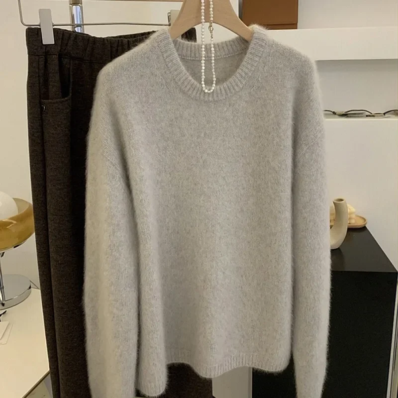 Зима 2023 новый серый пуловер с круглым вырезом свитер свободного покроя вязаный