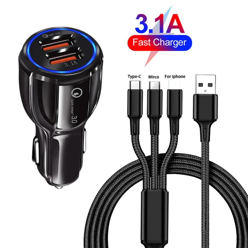 

3.1A USB Car Charger LED Lamp Quick charge 3.0 Phone Adapter Fast Charging for iphone 6s 7 8 13 Samsung Xiaomi 3 in 1 USB Cable