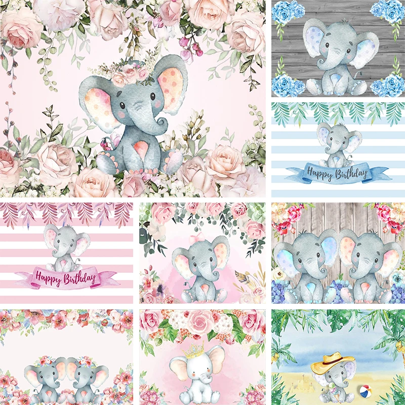 

Elephant Baby Shower Backdrop Pink and Blue Flowers Decor Newborn First 1st Birthday Party Photography Background Photo Banner