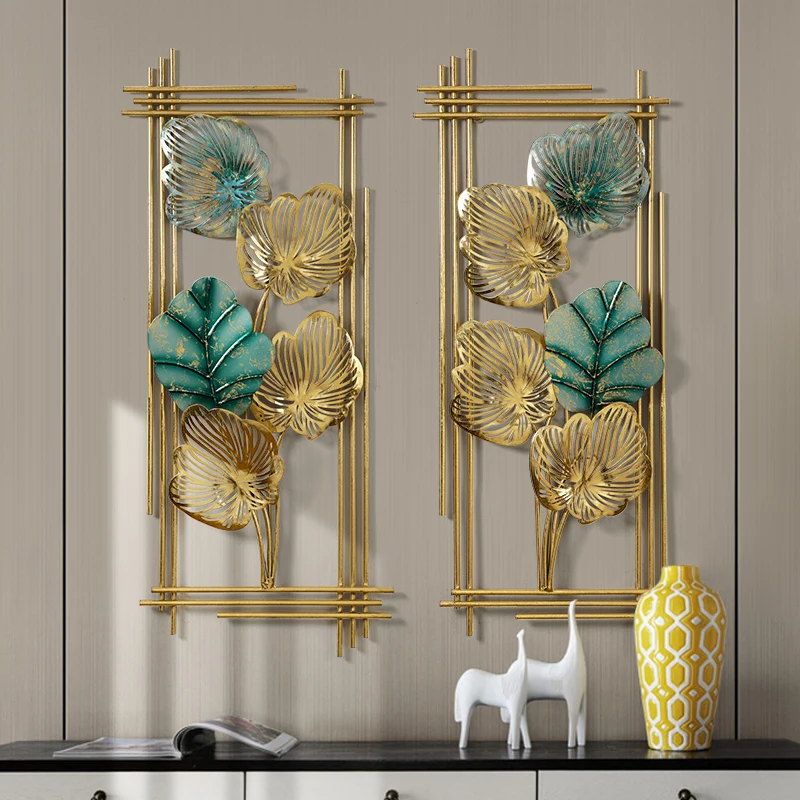 

New Chinese Luxury Wrought Iron Green Glod Leaf Wall Hanging Decoration Home Livingroom TV Background Wall Sticker Mural Crafts
