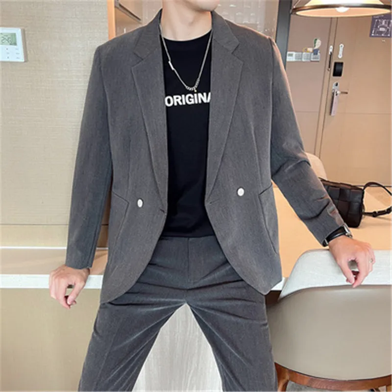 Korean Designer Office 2 Piece Blazer Set with Pants Grey Men Suits Party Dress Vintage Tuxedo Casual Costume Green Men Clothing