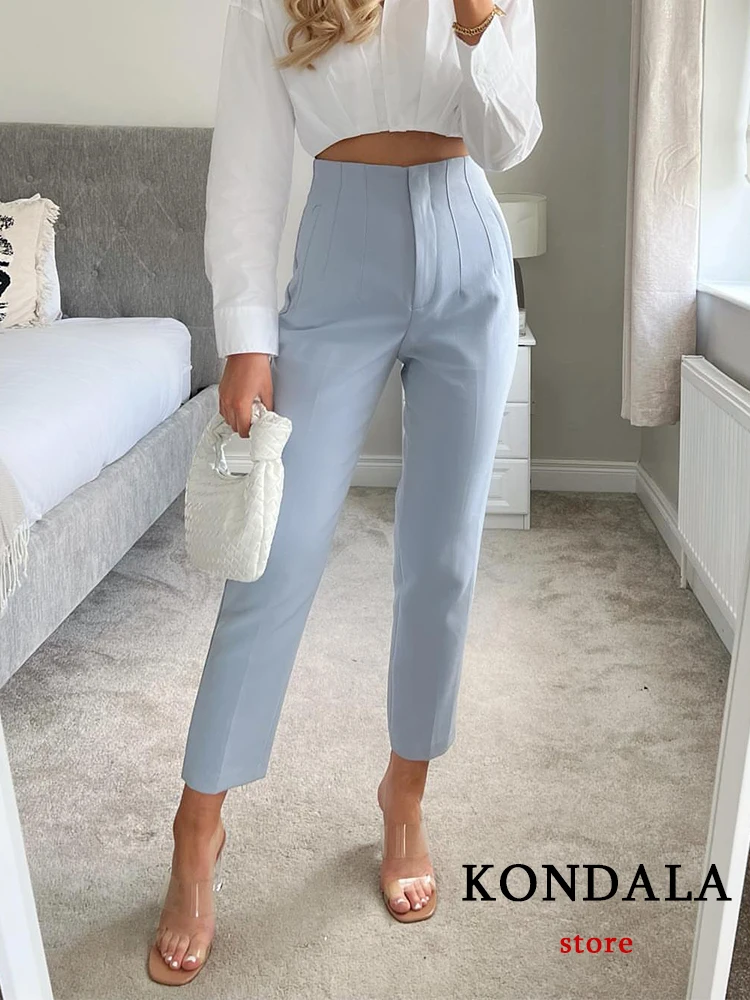 KONDALA Women Light Blue Chic Fashion Office Wear Straight Pants Vintage High Waist Zipper Fly Female Trousers Fashion 2022