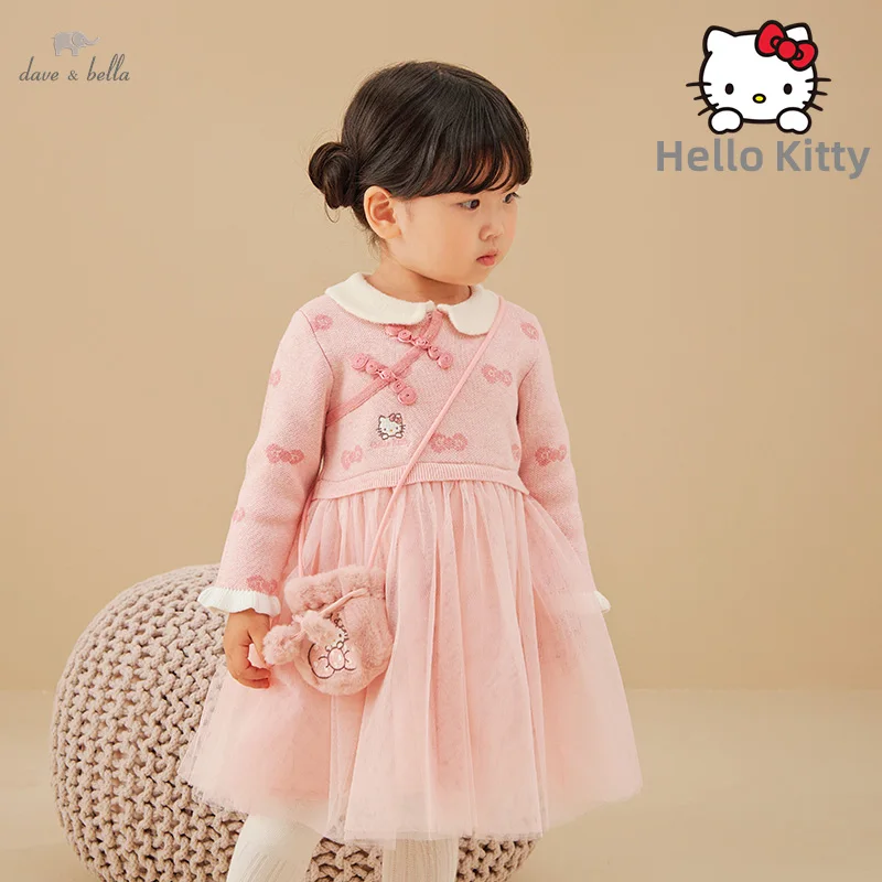Hello Kitty Dave Bella Girl Dress Autumn Winter Kid Clothes Patchwork Pink Mesh Princess Party Dress For 2-9 Yeasr DB4223639