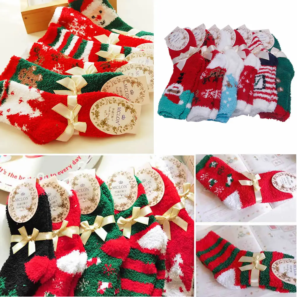 

Женские теплые мягкие коралловые кашемировые носки до щиколотки с Санта-Клаусом, оленем, рождественский подарок