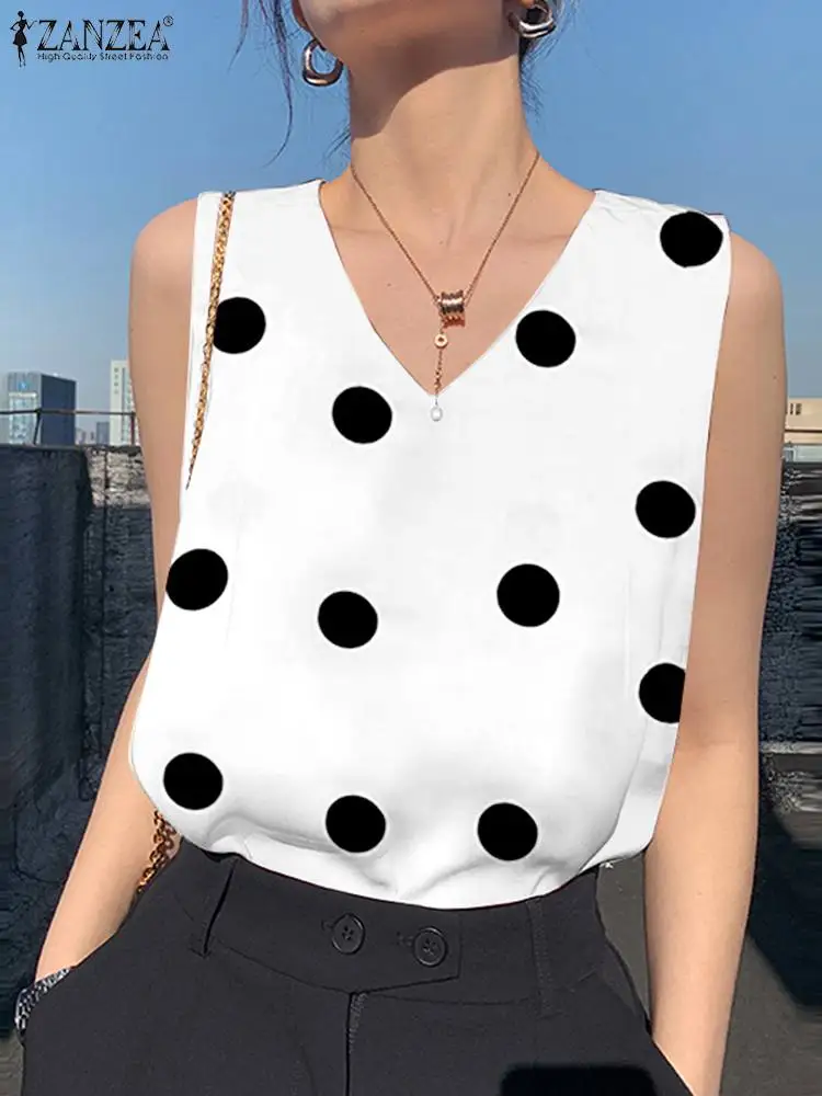 

Fashion Sleeveless Tank Tops Bohemian Polka Dot Printed Blouse ZANZEA Summer Women Holiday Shirt Casual Beach Camis Vest Tunic