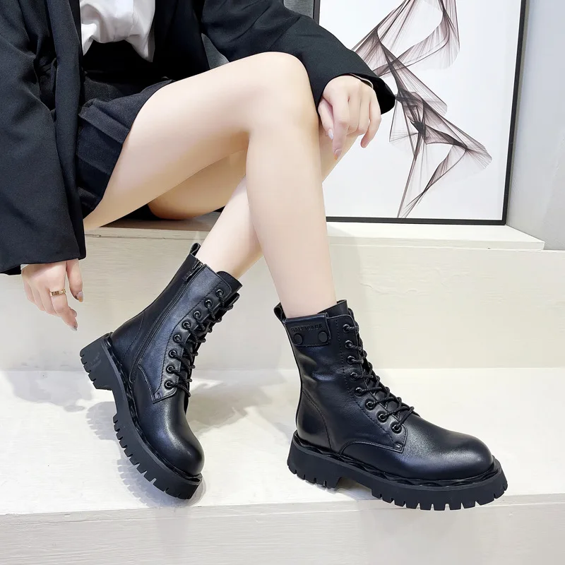 

Ботинки мартинсы из натуральной воловьей кожи на платформе, женские ботинки в британском стиле, новинка 2020, Универсальные ботинки на мягкой...