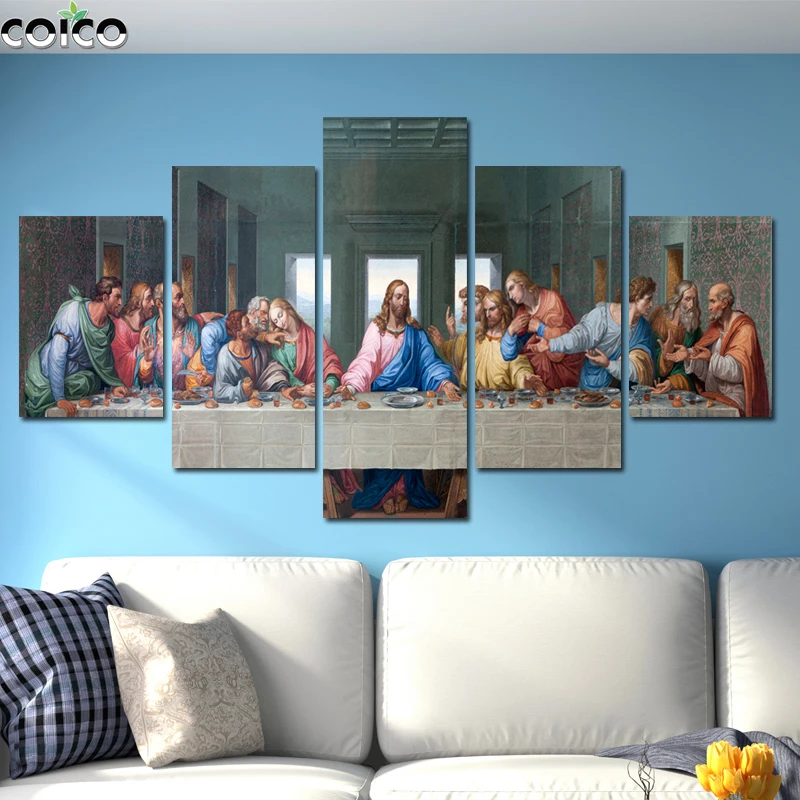 

5 Panel Leonardo Da Vinci's The Last Supper Posters with Frame Islamic Calligraphy Allah Muslim Wall Art Canvas Painting Picture