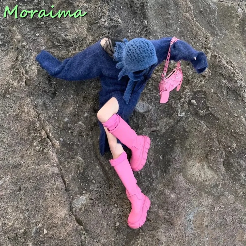 Round Toe Thick Bottom Women Long Rain Boots Knee High Slip On Pink Solid Fashion New Arrivals Hot Selling Autumn Winter Casual