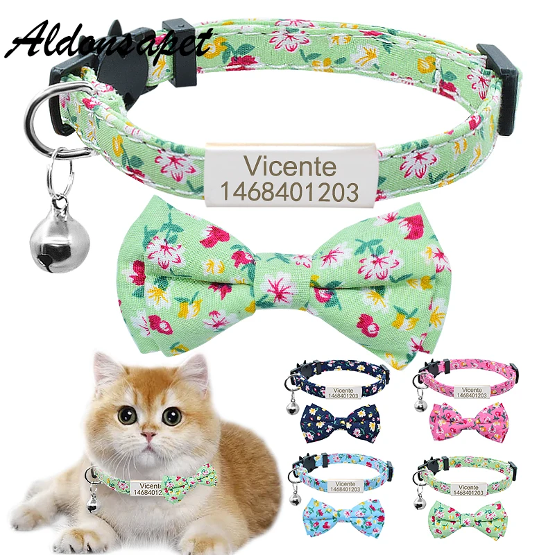 

Printed Bowknot Cat Collar Bell Personalized Nameplate Cat Collar Custom Engraved ID Name Tag Cute Bowtie Cat Collar Necklace