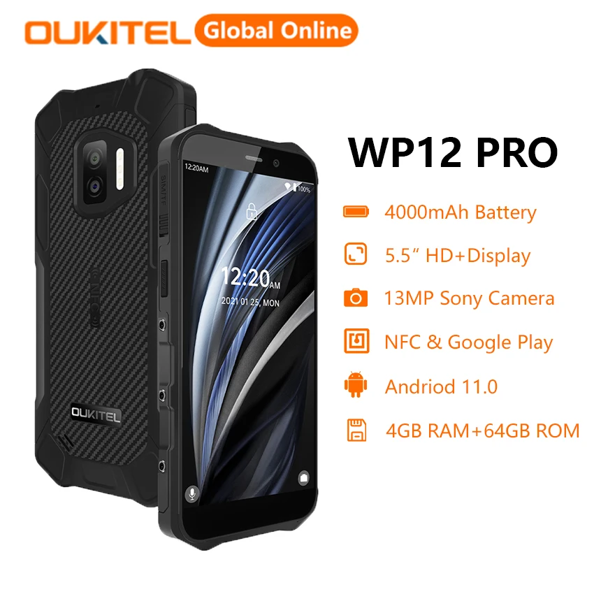 OUKITEL WP12PRO Rugged Smartphone 4GB+64GB Android 11 IP68 Waterproof 5.5-Inch+4000mah NFC Cell Phone Sony 13mp Smart Phone