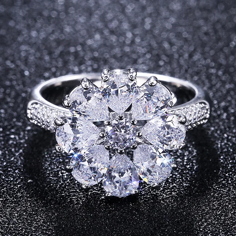 

Gorgeous Silver Color Flower Finger Rings for Women Wedding Party Shiny Cubic Zirconia Romantic Lady Ring Fashion Jewelry