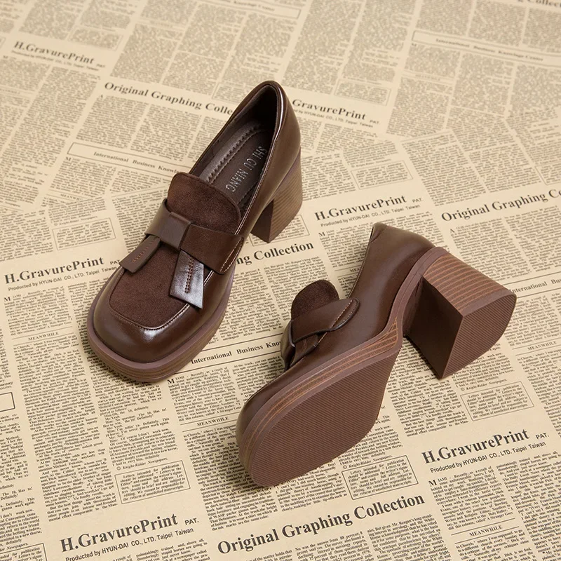 

British Style Women's Shoes Single Shoes Loafers Chunky Burst Women's Shoes Small Brown Leather High-heeled Women's Shoes