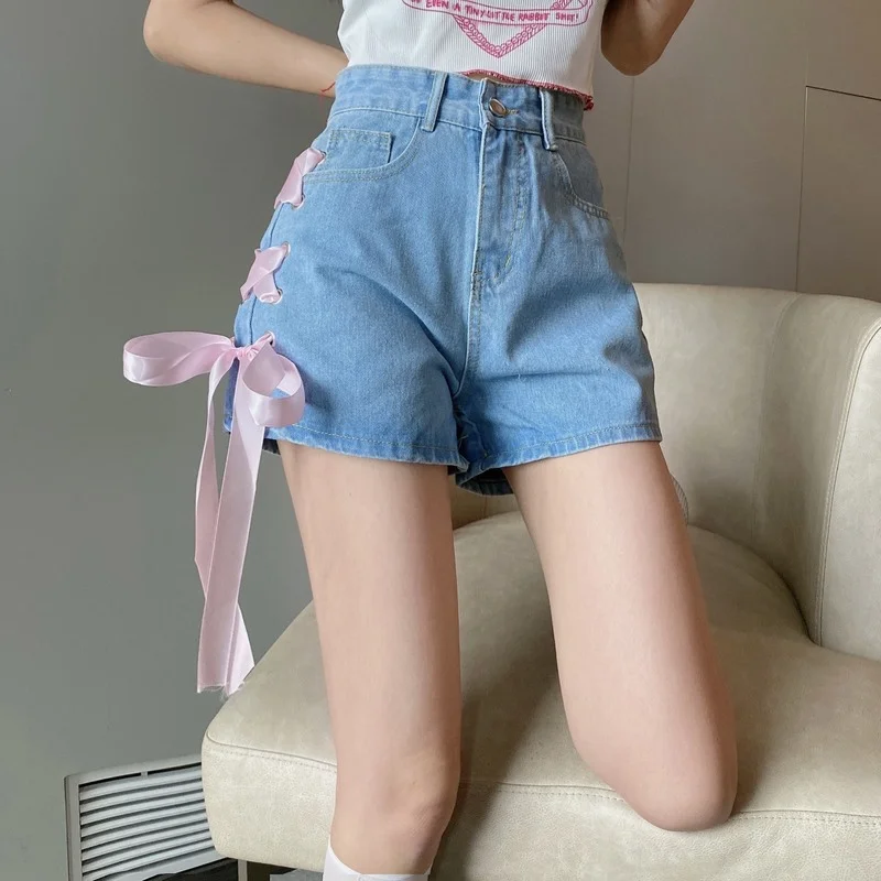 

High Waisted Straight Loose Shorts New 2022 Women's Summer Korean Version Wide Legged Denim Sweet Girl Side Bandage Jean Short
