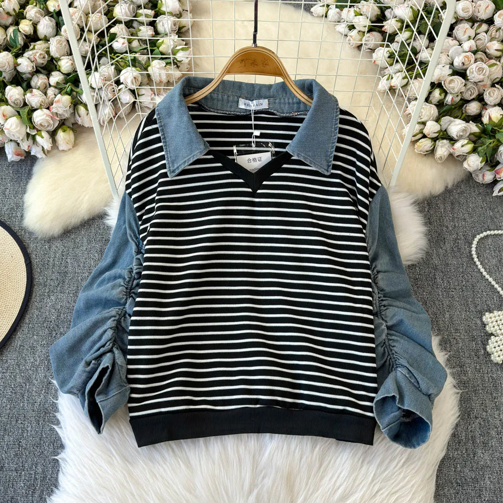 Женская джинсовая толстовка с капюшоном Feel Fake Two Свободные полосатые рубашки