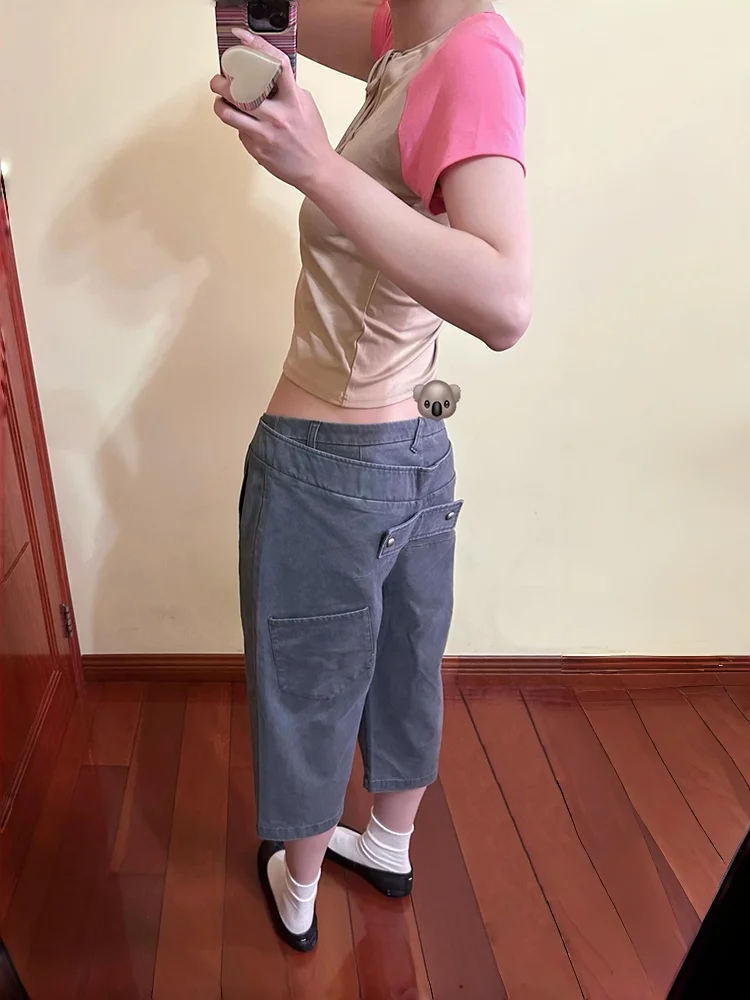 Фото Джинсы ReddaChic Napoleon Capri женские, винтажные, серые, с эффектом потертости, с низкой посадкой, широкие прямые шорты-карго из денима, модная уличная одежда №3