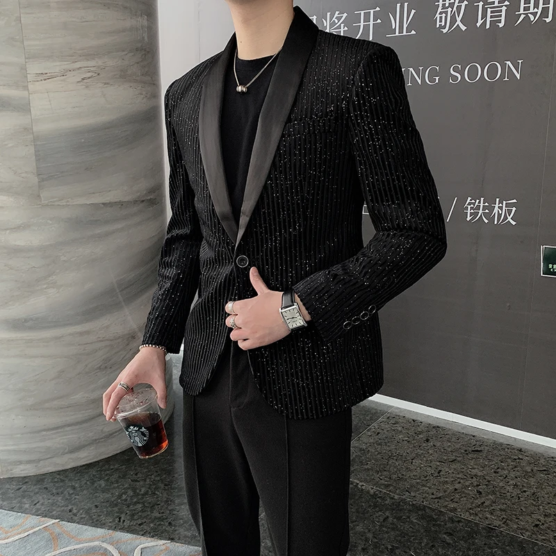 Мужской полосатый Блейзер повседневный костюм певицы приталенный одежда для