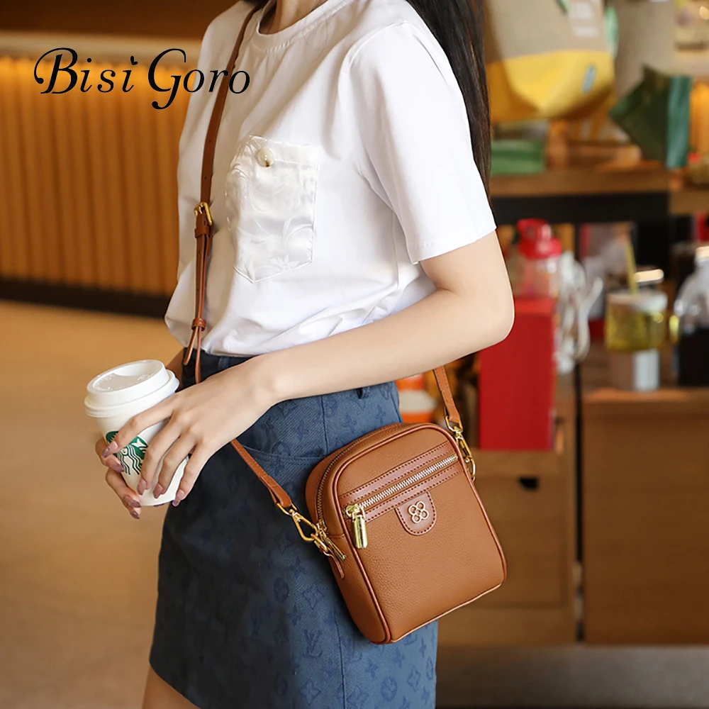 

Bisi Goro Genuine Leather Mobile Phone Tofu Bag Woman Zipper Luxury Shoulder Crossbody Bags 2022 Brand Casual Soft Messenger Bag