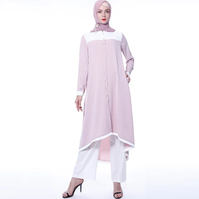 New Muslim 2 Pieces Set For Women Casual Long Sleeve Blouse Tops+Pants Sets Arab Pakistan Malaysia Islamic Femme Ensemble