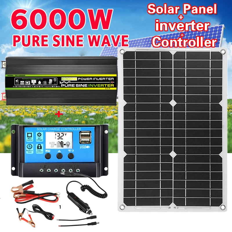 6000W Pure Sine Wave Solar Panel Kit DC 12V To 110V/220V Solar Power Generation System with Controller Home RV Battery Charger