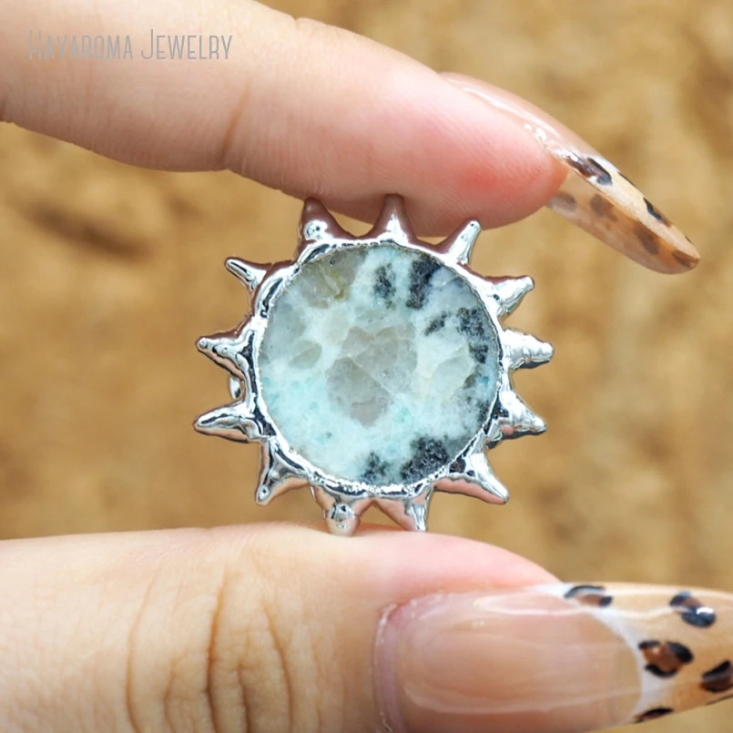 2Pcs Wholesale Brutalist Y2k Silver Color Semi-precious Kiwi Stone Ring RM53151