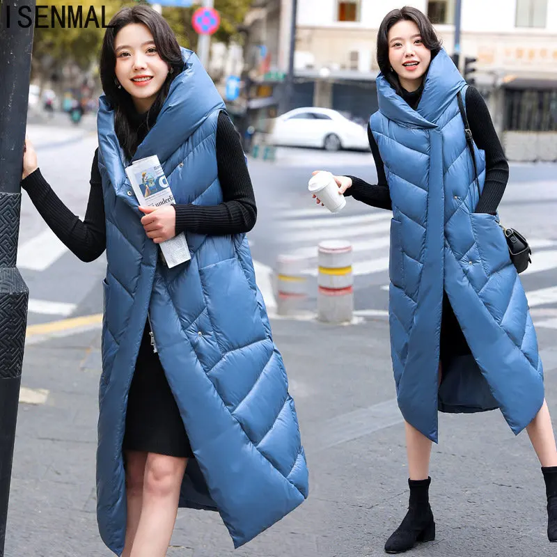 

New X-Long Hooded Vests Parkas Fashion Winter Jacket Women Casual Thick Down Cotton Winter Coat Women Warm Waistcoat