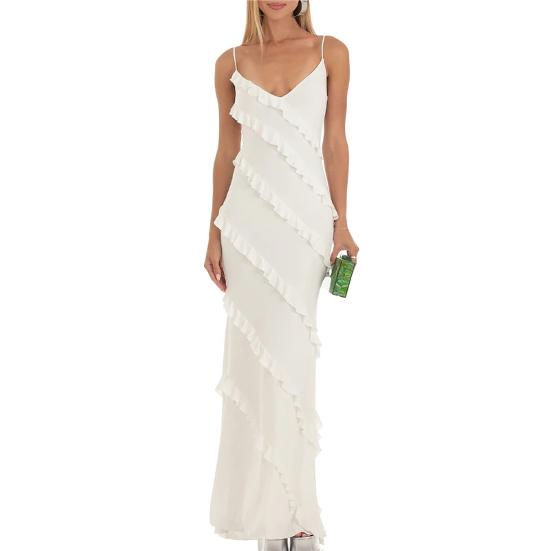 

Layered Ruffles Dress Women 2000s White Spaghettie Strap Sleeveless Long Dresses Solid Color Tiered Bodycon Dresses y2k Clubwear