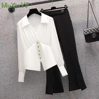 womens summer lantern sleeve chiffon shirt topflared pants two piece korean elegant thin long sleeved pullover trousers suit