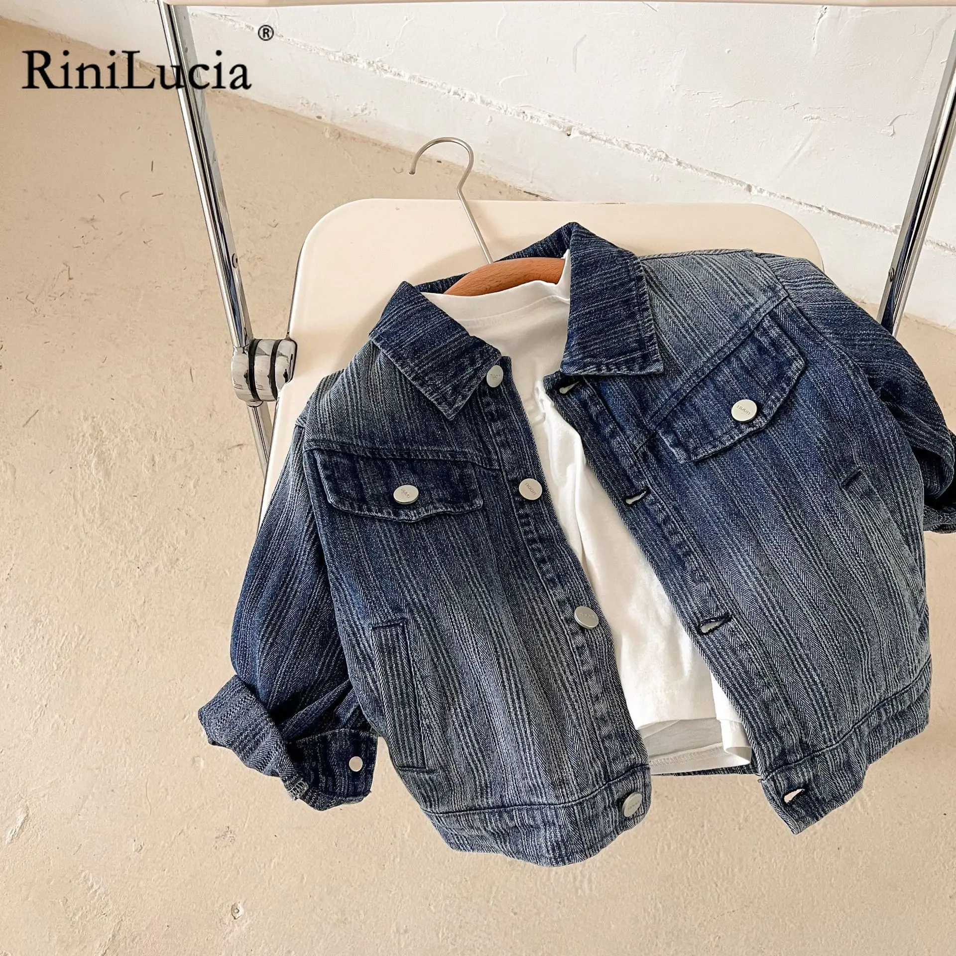 

RiniLucia Spring Fall Boys and Girls Casual All-match Denim Jackets 2-7 Years Kids Lapel Long Sleeve Coat Children Loose Tops