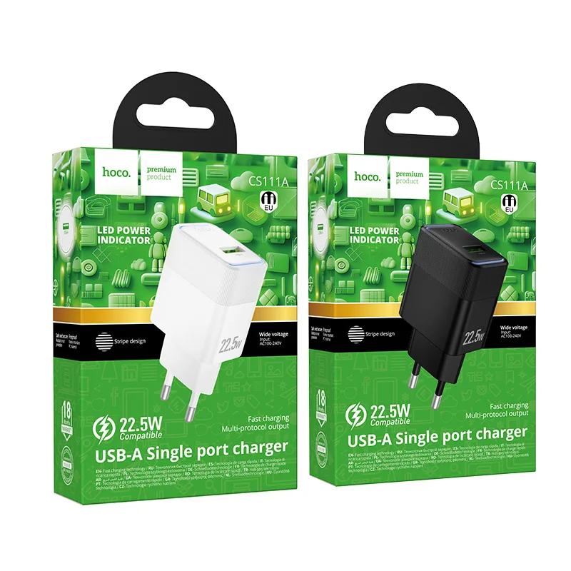 Зарядное устройство HOCO USB A 22.5W для быстрой зарядки телефонов XiaomiOppo с LED-индикатором, адаптер QC3.0 для путешествий, EU-разъем, для Samsung, Huawei (art.: 3920cf9bd858b) - 3920cf9bd858b