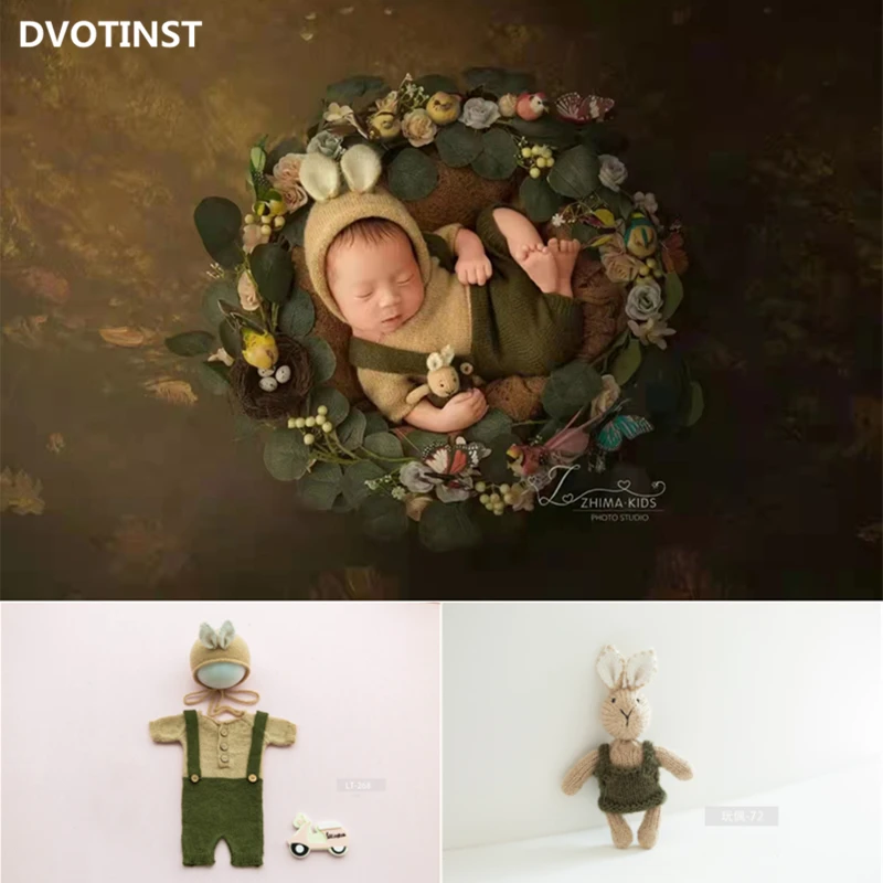 Dvotinst Newborn Photography Props Cute Rabbit Knitted Bunny Outfits Hat Doll Set Studio Shooting Photo Props Accessories