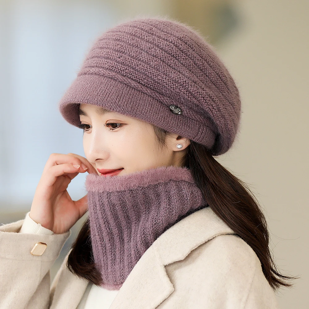 

New Women Winter Hat Keep Warm Cap Add Fur Lined Hat Scarf Warm Set Fashion Hat For Women Casual Rabbit Fur Knitted Hedging Caps