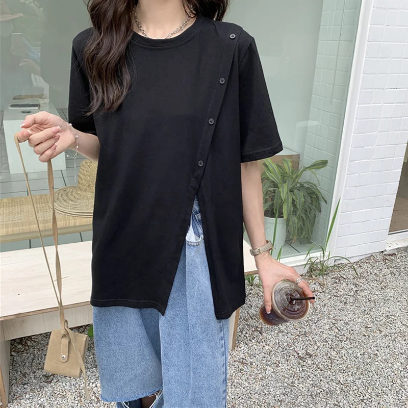 

summer harajuku short-sleeve women t-shirts fashion button Side split T shirt y2k tops tees casual loose solid tshirt streetwear