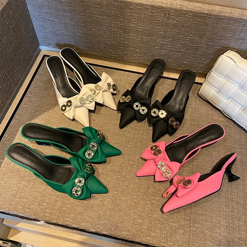 

Summer women sandals 5-8cm high heels pointed bow Pink shoes sweet princess high heels sandals Rhinestone shoes Korean sandals