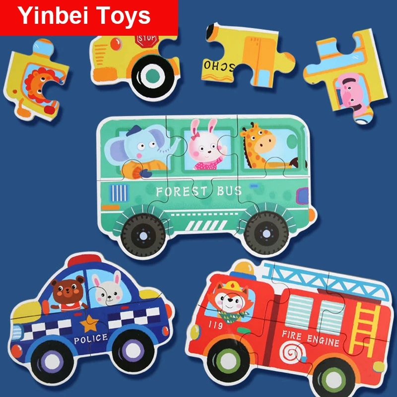 

6 Piece Box Large Size Wooden Puzzles Baby Animal and Traffic Vehicle Matching Jigsaw Puzzle Children Learning Educational Toys