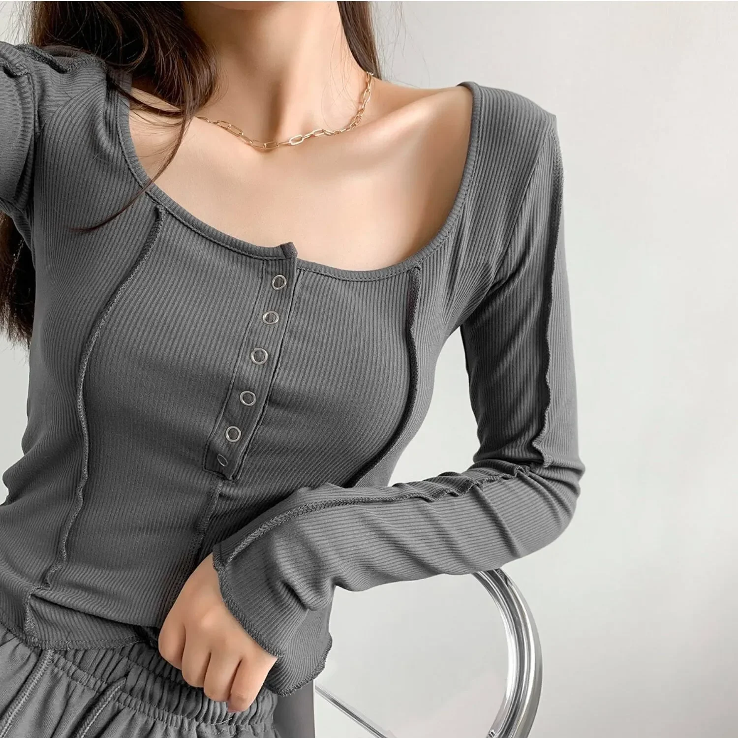 

Upgraded Version! 2022 Spring Autumn Long Sleeve Women Tops Short Design Button Tshirts for Girls Women Solid Slim Casual Tees