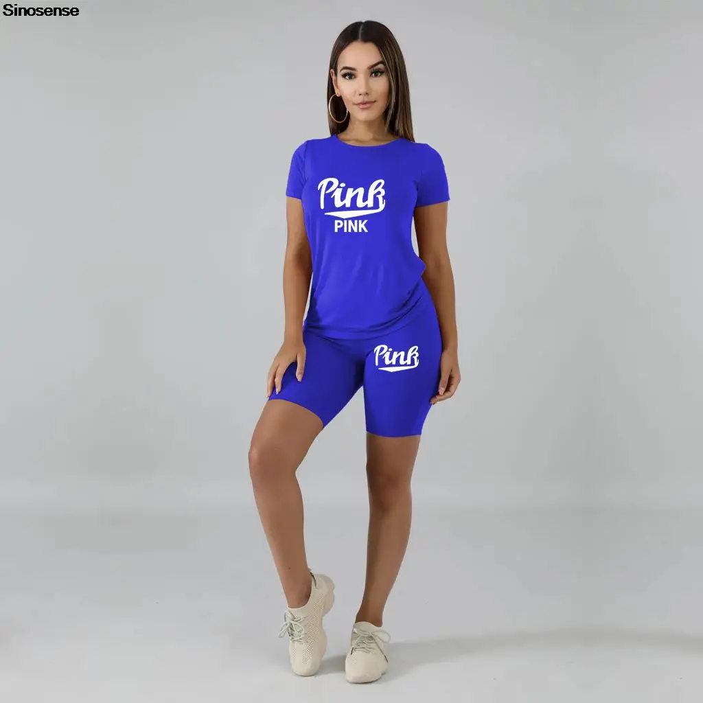 

Women Two Piece Outfits Letter Pink Print Short Sleeve O Neck T Shirt+Biker Shorts Sets Casual Summer 2 Piece Track Suits
