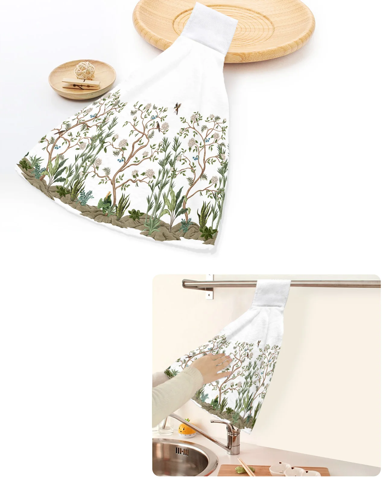 

White Flower Plant Bird Hand Towels Home Kitchen Bathroom Hanging Dishcloths Hand Towel Loops Quick Dry Soft Absorbent Towels