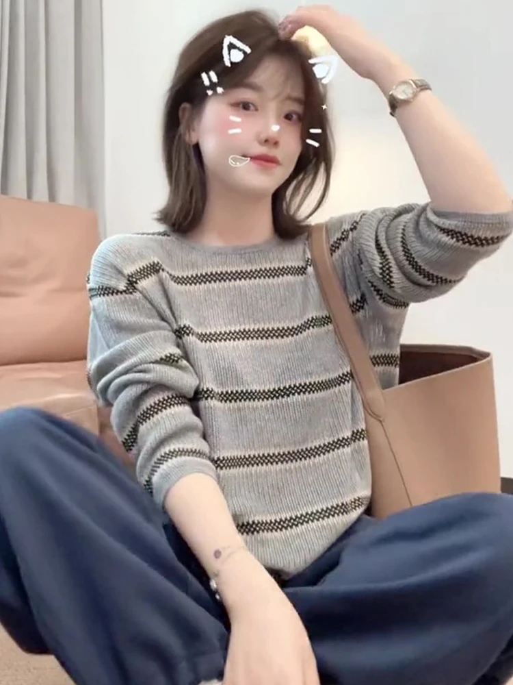 Ранняя осень тонкий вязаный топ в полоску с длинными рукавами женский