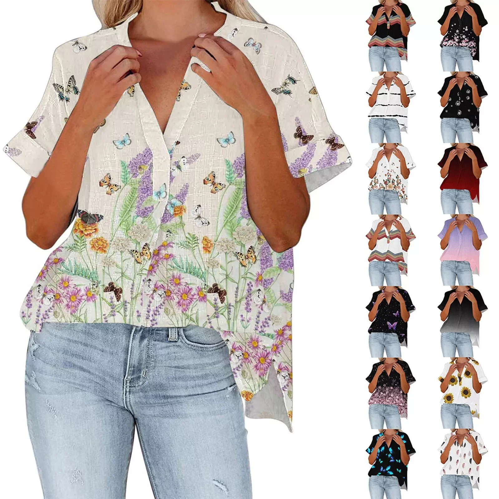 

NEW IN Womens Casual Short Sleeve Loose T-shirts Floral Print Button Pleated Tunic Tops V-neck Female Pullover Tops Summer Cloth
